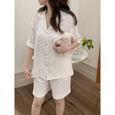 批发实拍实价 韩系<b class='q'>全棉</b>小蓝花双层棉纱短裤短袖家居服<b class='q'>睡衣</b>套装