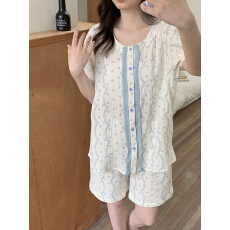 批发实拍实价 韩系<b class='q'>全棉</b>双层棉纱圆领波浪花纹家居服<b class='q'>睡衣</b>套装