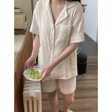 批发实拍实价 韩系<b class='q'>全棉</b>双层棉纱翻领波浪花纹家居服<b class='q'>睡衣</b>套装