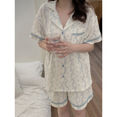 批发实拍实价 韩系<b class='q'>全棉</b>双层棉纱翻领波浪花纹家居服<b class='q'>睡衣</b>套装