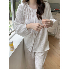 实价实拍  秋季韩系双层棉纱小蝴蝶结圆领家居服睡衣套装