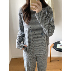 实价实拍  秋季韩系针织条纹繁星圆领套头家居服睡衣套装