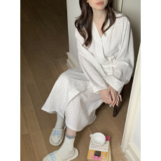 批发实价实拍  秋季韩系双层棉纱蝴蝶结印花家居服睡袍