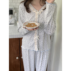 批发实价实拍  秋季韩系针织提花青蓝野栀家居服睡衣套装