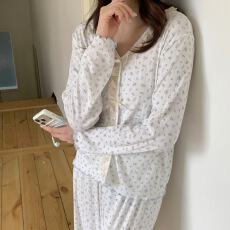 批发实价实拍  秋季韩系针织提花青蓝野栀家居服睡衣套装