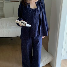 批发实价实拍  韩系<b class='q'>全棉</b>小波点三件套带胸垫家居服<b class='q'>睡衣</b>套装