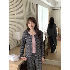 批发实价实拍  韩系ins风冬日奶霜绒条纹<b class='q'>三件套</b>带胸垫家居服<b class='q'>睡衣</b>套装