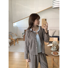 批发实价实拍  韩系ins风冬日奶霜绒条纹<b class='q'>三件套</b>带胸垫家居服<b class='q'>睡衣</b>套装