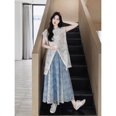 批发孕妇蕾丝拼接休闲套装2026新款设计感无袖上衣+半身裙两件套