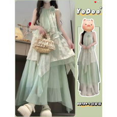 批发孕妇夏款法式温柔风不规则挂脖连衣裙夏日海边度假网纱长裙