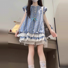 批发孕妇新款法式气质蓝色格子连衣裙初夏季穿搭泡泡袖裙