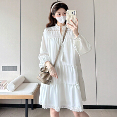 批发实拍~有货~孕妇<b class='q'>春</b>秋新款镂空法式泡泡袖连衣裙