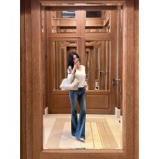 批发Lapla<b class='q'>韩国</b>直邮小众品牌日本进口水洗做旧中蓝弹力修身微喇<b class='q'>牛仔裤</b>