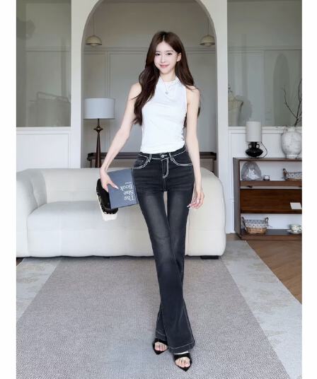 토끼 꽃차 여성 단체 빌드 오리지널 디자인 자수 명시적 스티치 로우 웨이스트 부츠컷 청바지 펭 넓적 다리 시리즈