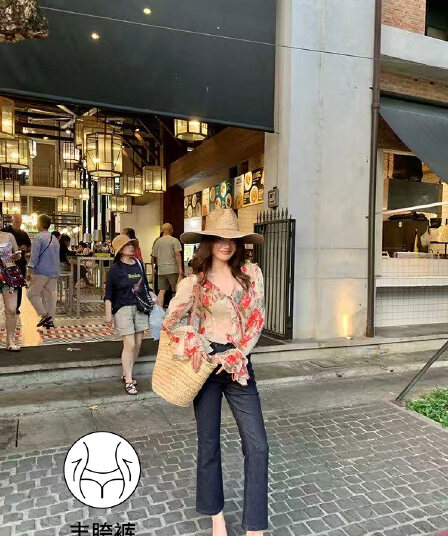 용 안녕하세요. 어린이 해군 청바지 여성 중간 허리 신축성 펭 넓적 다리 9부 바지 디자인 센스 부츠컷 바지