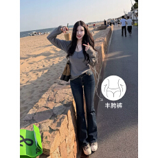 批发Farte Shop重塑比例 蓝色中腰丰胯微喇牛仔裤女秋冬修身长裤