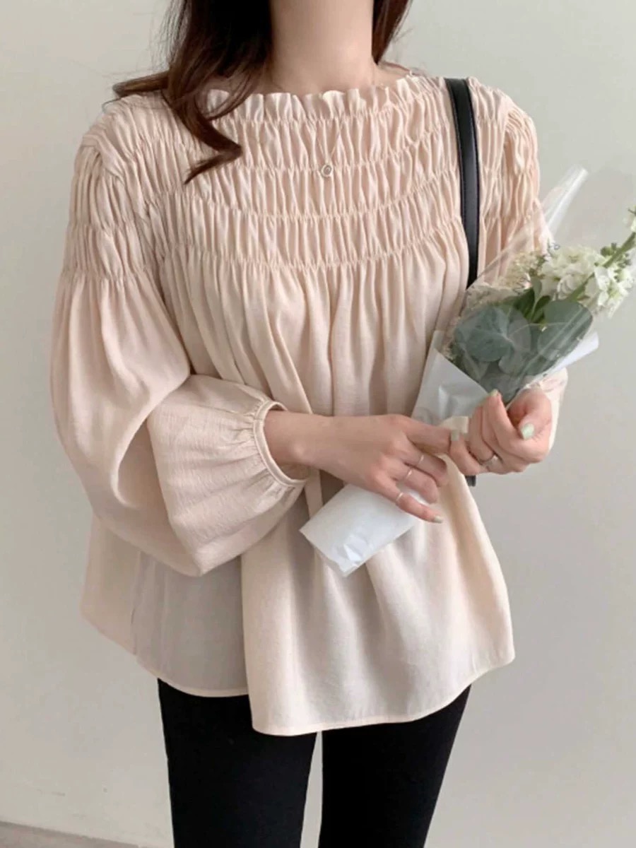 FA34150# 一字领褶皱设计衬衫 服裝批發女裝批發服飾貨源