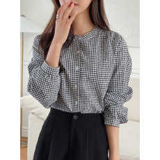 批发<b class='q'>韩版</b>女装2025春季小清新田园风黑白细格子长袖衬衫圆领<b class='q'>娃娃衫</b>