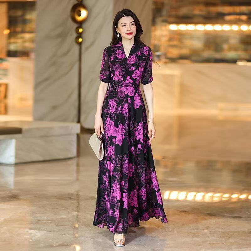 MY14591#高级设计感裙子2025新款轻奢时尚显瘦雪纺连衣裙女夏季长款...