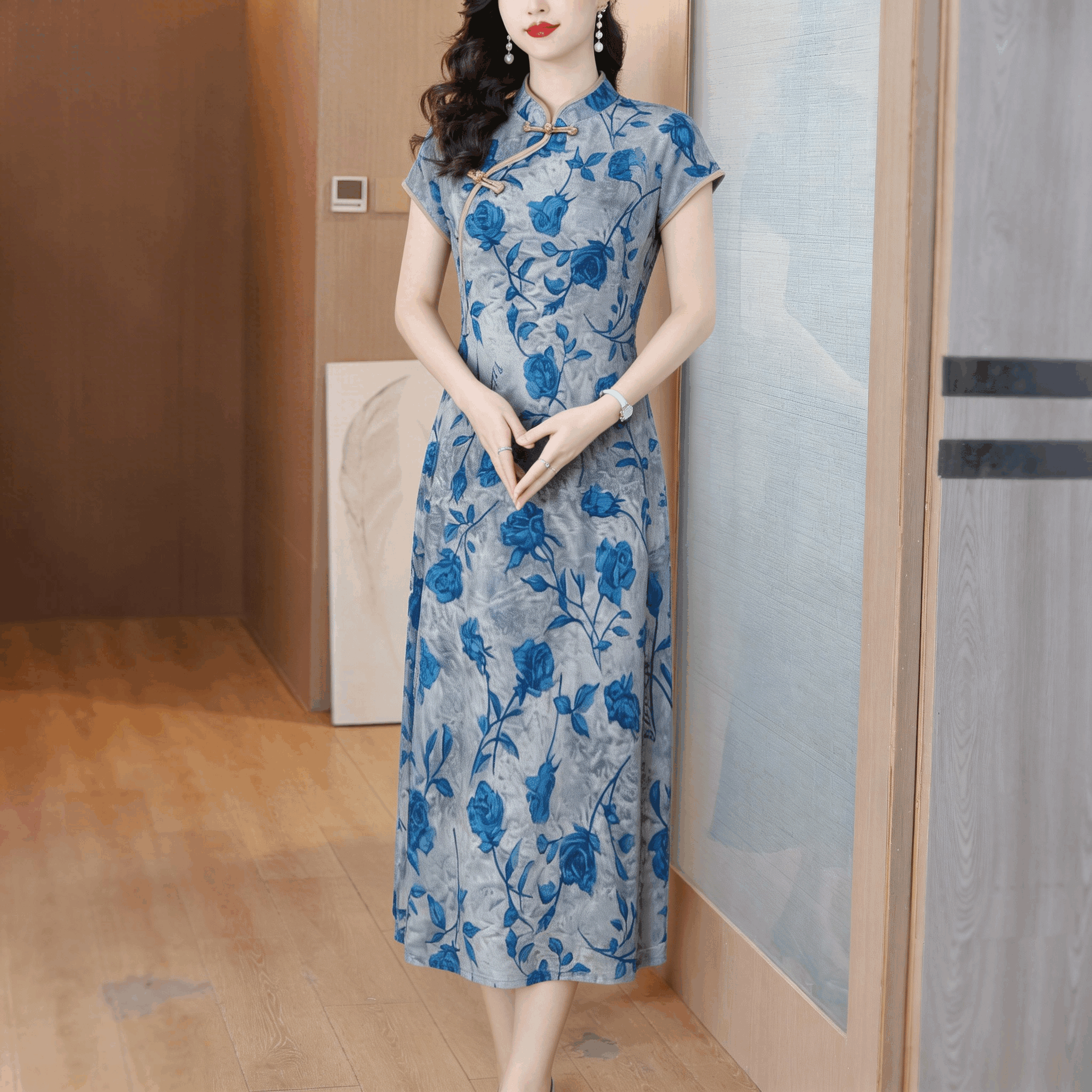 RY4925# 改良旗袍连衣裙女2026夏季新中式妈妈修身显瘦国风印花弹力...