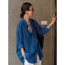 批发高级感亚麻防晒长袖衬衫松弛感百搭开衫外套薄款宽松棉麻蓝色衬衣