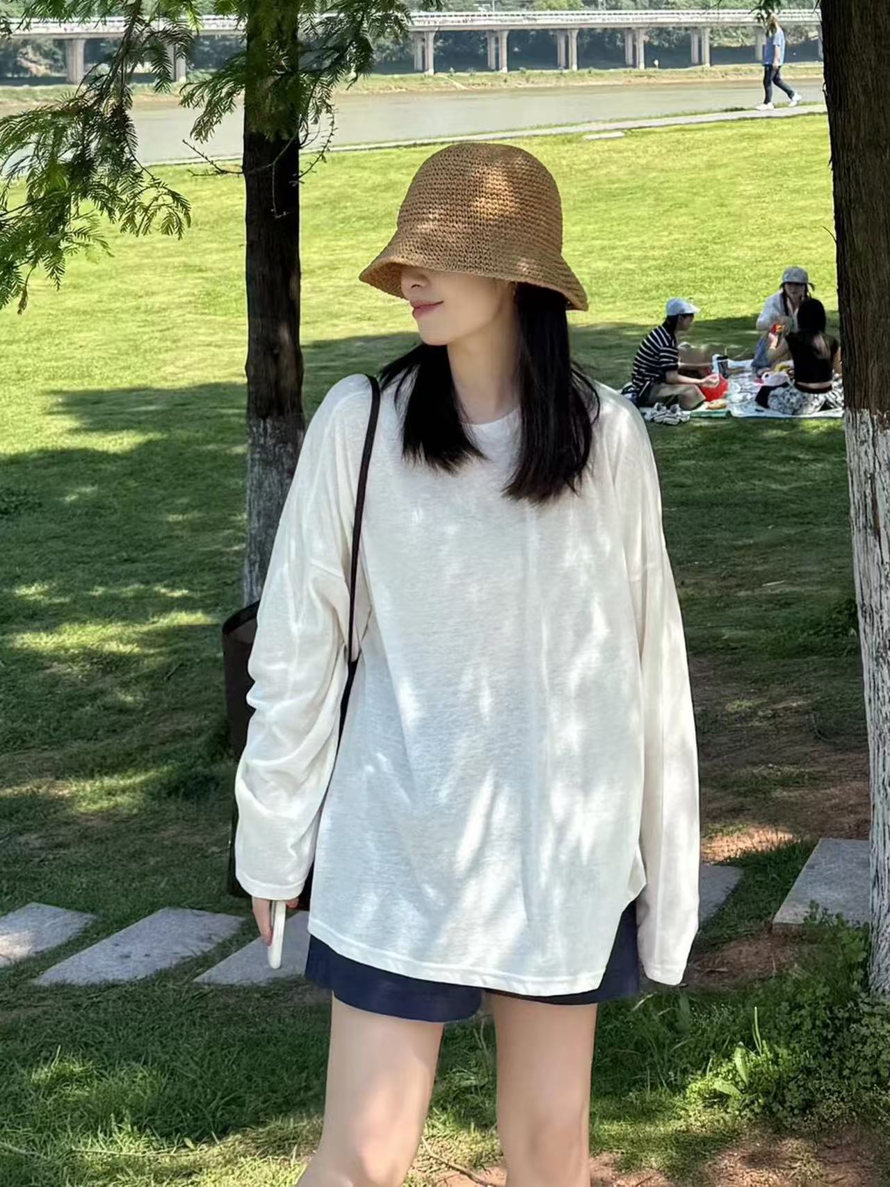 yljzz 한 부서 미니멀리즘 루즈핏 느긋한 질감 센스 긴팔 티셔츠 얇은 스타일 다용도 캐주얼 자외선 차단 블라우스 맨위