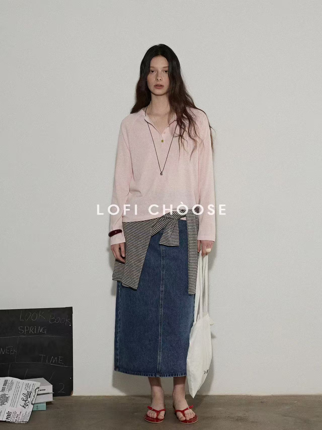 lofi choose 밝은 색상 버클 꾸밈음 질감 센스 헨리 칼라 긴팔 티셔츠 여성 봄 새로운 디자인 센스 맨위