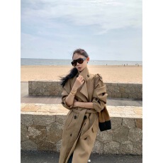 实拍实价 韩系宽松中长款立领风衣外套气质系带开衫外套