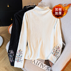 实拍2025秋冬新款新中式加绒国风刺绣上衣半高领宽松长袖打底衫女