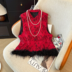 批发实拍2025秋冬貔貅纳福人丝丝绒提花鸵鸟毛重磅无袖马甲