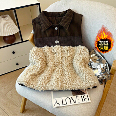 批发实拍韩式<b class='q'>设计</b>感立领毛绒马甲女2025秋冬季格子拼接撞色上衣马夹