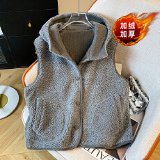 批发实拍时尚简约外搭羊羔毛连帽马甲外套女秋冬季宽松独特毛绒背心潮