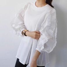 批发2025秋季新款<b class='q'>日系</b><b class='q'>甜美</b>宽松大码圆领设计感木耳边灯笼袖衬衫女长袖