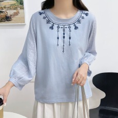 批发秋季新款民族风上衣女小个子宽松圆领长袖减龄<b class='q'>时尚</b>复古刺绣<b class='q'>t</b><b class='q'>恤</b>潮