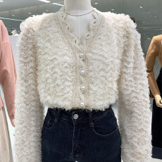 批发V领重工羽毛<b class='q'>雪纺</b><b class='q'>衬衫</b>女2025春秋新款设计感小众别致层层蕾丝上衣