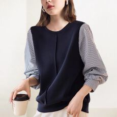 批发假两件复古条纹拼接卫衣女2025韩国秋上新宽松显瘦百搭圆领上衣潮