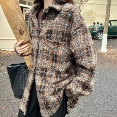 批发秋冬卷卷毛呢<b class='q'>格子衬衫</b>oversize廓形懒惰休闲宽松呢子衬衣外套女