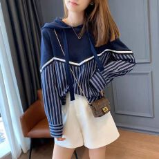 批发连帽卫衣女秋季新款款条纹<b class='q'>衬衫</b>拼接设计感上衣韩版宽松减龄针织衫