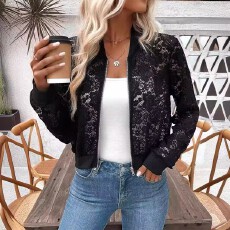 批发<b class='q'>欧美</b>2025年秋冬新款优雅女士提花蕾丝透视拉链短夹克上衣外套