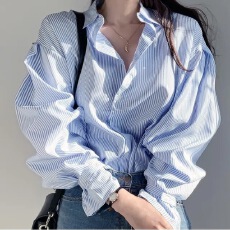 批发chic 韩国春<b class='q'>夏</b>季百搭简约设计感小众细条纹宽松长袖衬衫女上衣