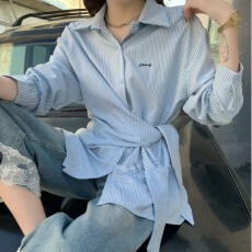 批发2026春夏新款通勤翻领拼接绑带收腰显瘦竖<b class='q'>条纹</b>刺绣<b class='q'>衬衣</b>长袖上衣女