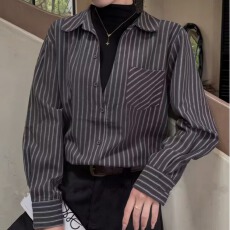 批发韩系假两件<b class='q'>衬衫</b>女春季2026新款高级感复古<b class='q'>条纹</b>撞色拼接显瘦上衣