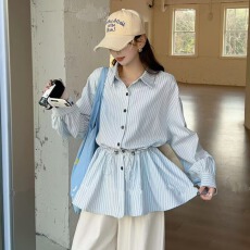 批发蓝色气质收腰上衣长袖<b class='q'>衬衫</b>开衫女2026春季新款<b class='q'>条纹</b><b class='q'>衬衣</b>翻领外套
