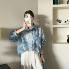 批发2026早春新款韩范羽毛混色花纹宽松长袖<b class='q'>衬衫</b>时尚水墨花<b class='q'>衬衣</b>女