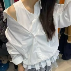 批发2026春季新款Tessbrii纯欲风网纱花边背心假两件衬衫收腰宽松上衣