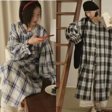 批发日系格子中长款<b class='q'>衬衫</b>女春季新款复古文艺宽松百搭减龄<b class='q'>灯笼袖</b><b class='q'>衬衫</b>裙