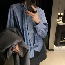 欧洲站2026韩系蝴蝶结系带立领条纹衬衫女长袖单排扣内搭上衣BF风