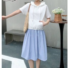 批发2026韩国春夏新款时尚连帽<b class='q'>卫衣</b>拼接条纹假两件衬衫裙短袖<b class='q'>连衣裙</b>女