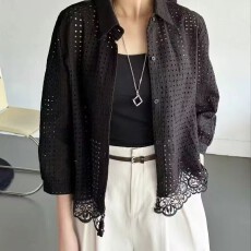 批发<b class='q'>韩国</b>东大门2026春夏镂空衬衫女蕾丝开衫通勤职业衬衣中袖上衣百搭