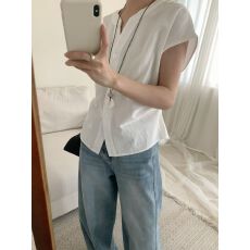 批发2026韩国春夏新款时尚v领设计感褶皱绑带收腰小衫纯色短袖衬衫